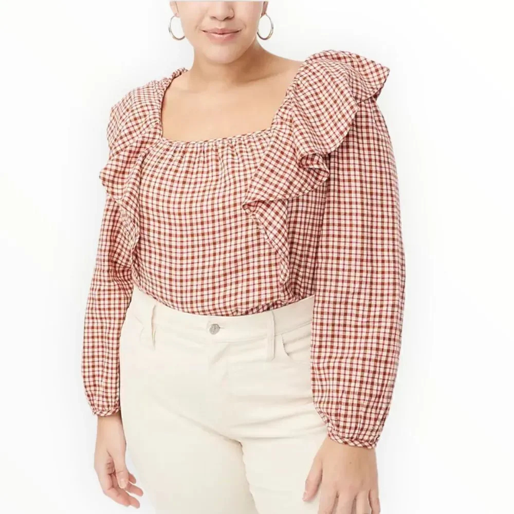 J CREW FACTORY | Dusty Ivory Brick Red | FLANNEL SQUARENECK RUFFLE TOP - Picture 5 of 11
